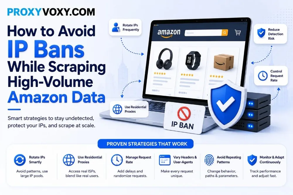 How to Avoid IP Bans While Scraping High-Volume Amazon Data: Technical diagram illustrating smart strategies including request-level rotating residential proxies, request rate management, header variation, and user-agent rotation