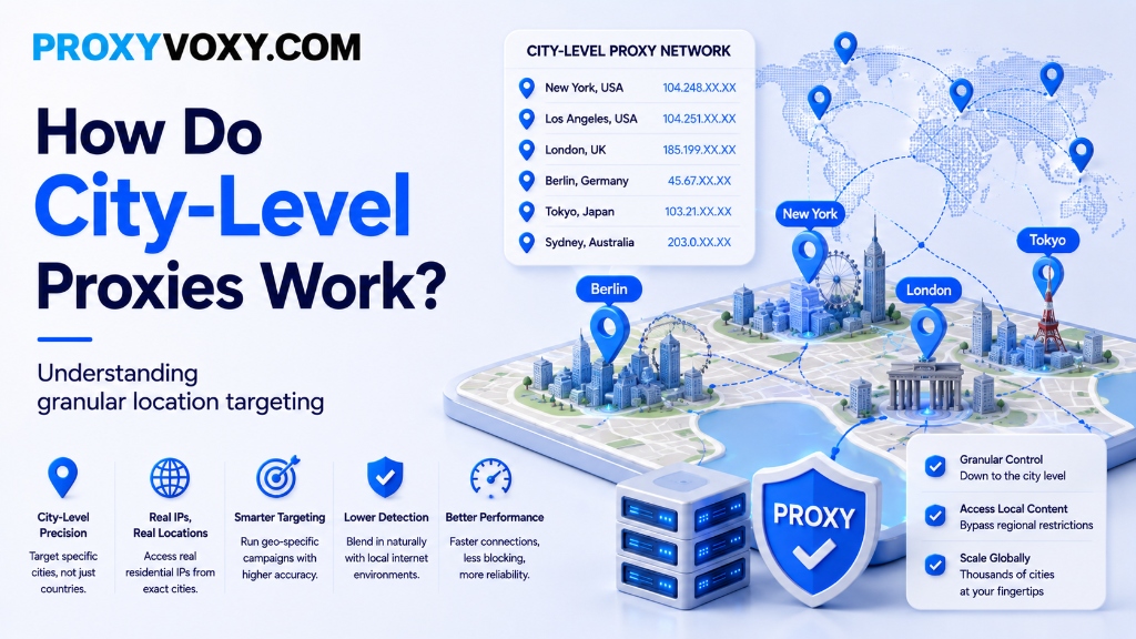 How Do City-Level Proxies Work? Understanding granular location targeting banner diagram showing city node connections across New York, London, Berlin, Tokyo, and Sydney.